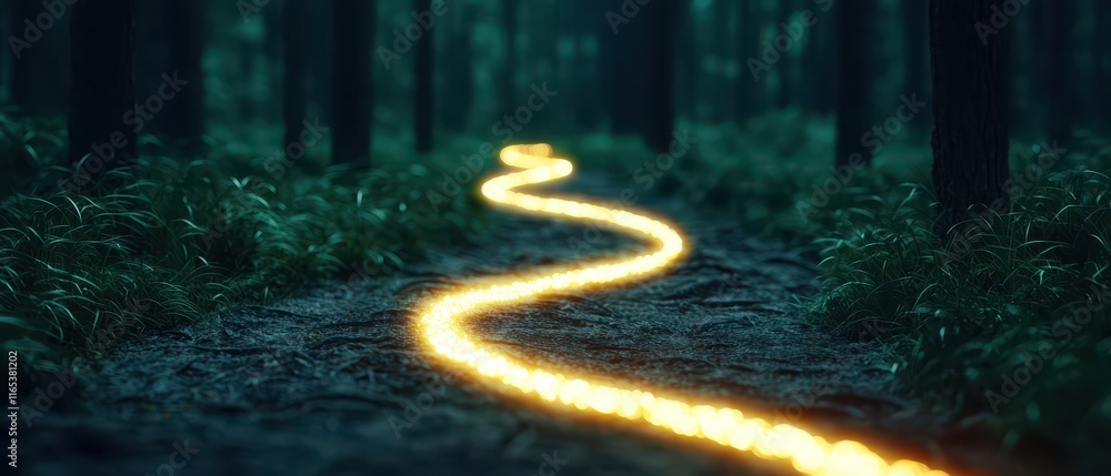 Poster glowing path in a dark forest. surrealistic image for metaphor.