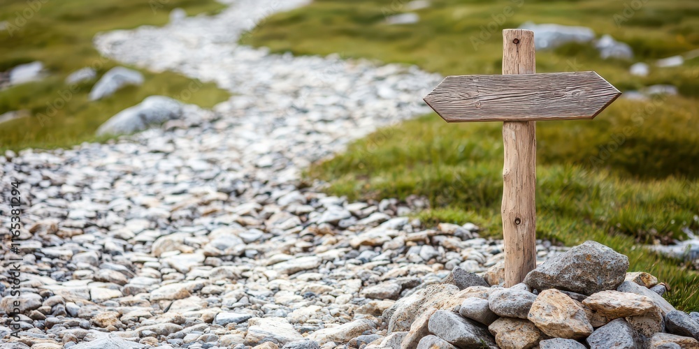 Poster rocky path with signpost at a crossroads. surrealistic image for metaphor.