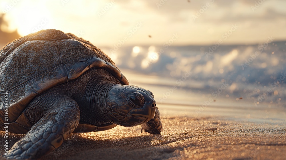 Poster a close-up of a turtle's textured shell as it crawls across a sandy beach, with the ocean in the bac