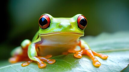 A close-up of a vibrant tree frog sitting on a leaf, its bright colors contrasting with the green background.