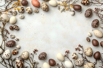 Obraz premium Easter border with robin's eggs and chocolate eggs with free space for text