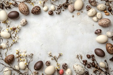 Obraz premium Easter border with robin's eggs and chocolate eggs with free space for text