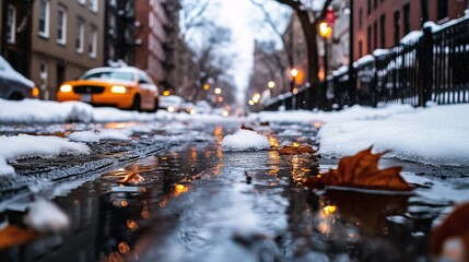 Snowy urban street with a yellow taxi and icy puddles reflecting warm streetlights.