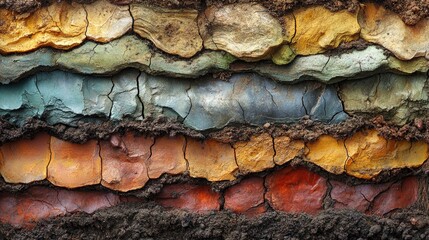 Close-up of soil cross-section showing various layers and root systems