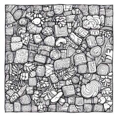intricate abstract maze pattern with hand-drawn doodles and geometric shapes 