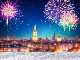 Fototapeta premium Festive Fireworks over Cityscape with Marble Tabletop.