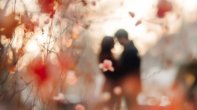 Couples embrace in a romantic garden setting during Valentine's Day celebration