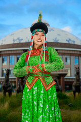 Mongolian girl wearing traditional costumes of the Barhu tribe