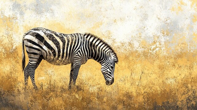 A close-up of a zebra grazing on the savanna, its black and white stripes standing out against the golden grass.