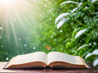 Open Book in Snowy Nature with Butterfly