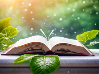Open Book Surrounded by Green Leaves in a Magical Setting.