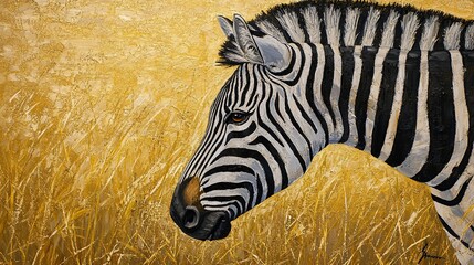 A close-up of a zebra grazing on the savanna, its black and white stripes standing out against the golden grass.
