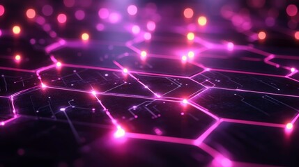 Abstract Digital Background Featuring Futuristic Neon Grid with Glowing Points, Lines, and Geometric Shapes in Dark Purple and Pink Color Scheme