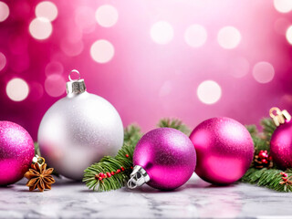 Pink and Silver Christmas Ornaments on Marble