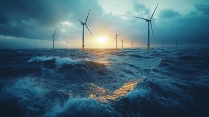 Offshore wind turbines in stormy sea at sunset.