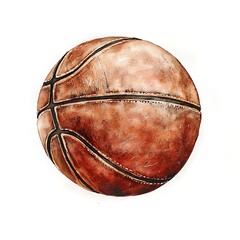 Watercolor painting of a worn, vintage basketball isolated on a white background.