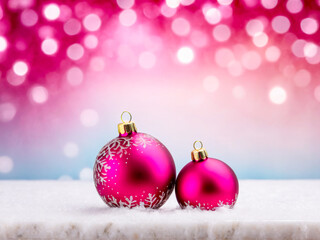 Fototapeta premium Pink Christmas Ornaments on Snowy Surface with Bokeh Background.