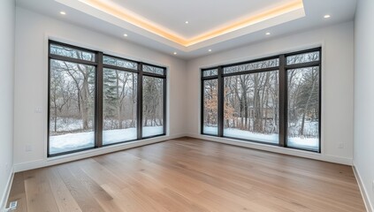 Empty Room with Floor-to-Ceiling Windows, Light Blue Walls, and White Tile