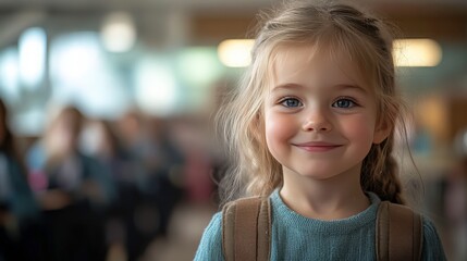 Cute Smiling Girl with Braided Hair and Backpack in Classroom Setting, Radiating Joy and Innocence, Captured with Soft Focus on Background Elements