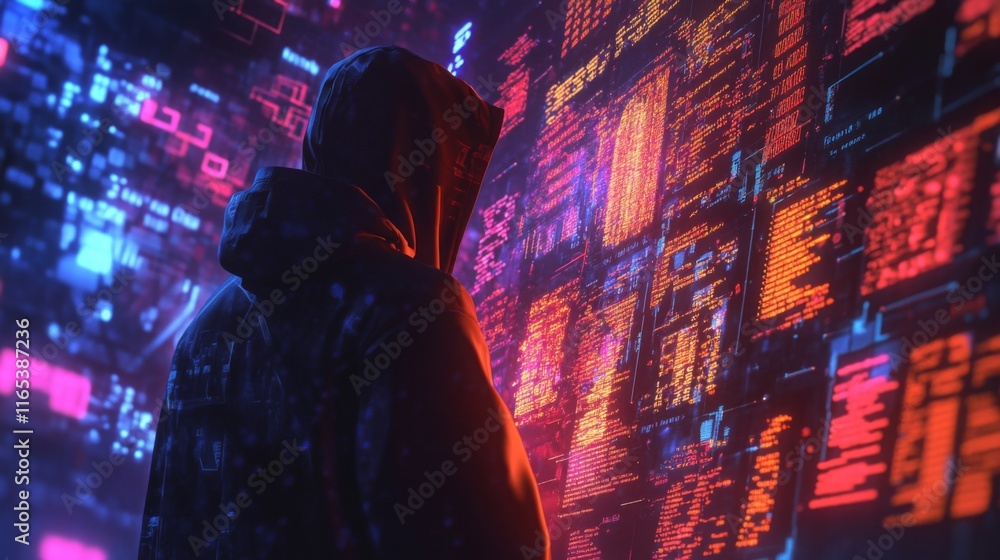 Poster a figure in a hoodie stands before a vibrant, digital backdrop filled with glowing data streams and 