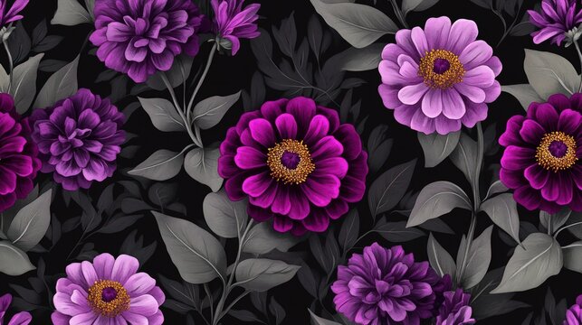 A zinnia-inspired seamless pattern with deep purple and magenta blooms, paired with muted gray foliage on a charcoal black background for a dramatic touch.
