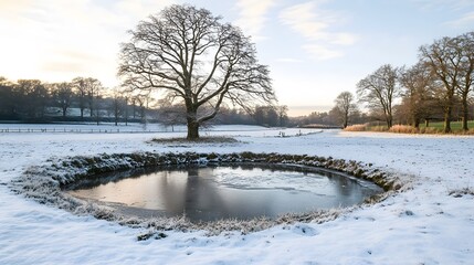 A serene winter landscape with the banks of an idyllic river covered in frost, reflecting the sky and surrounded by lush greenery and trees
