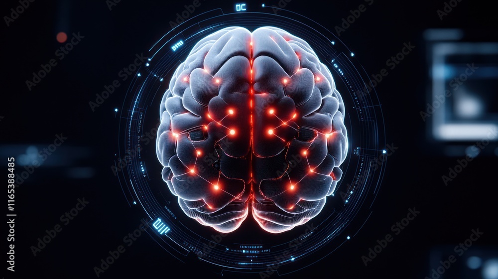 Poster a digital representation of a brain with neural connections.
