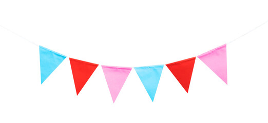 Red and blue flag hanging on white background isolated