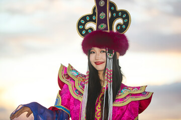Mongolian girl wearing traditional costume of Mongolian Bryat tribe