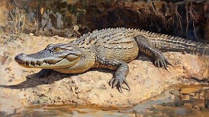 Fototapeta premium A crocodile sunbathing on a riverbank, its rugged skin textured and glistening in the sunlight.