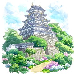 Serene Watercolor Illustration of a Japanese Castle Nestled Amidst Lush Greenery and Blooming Flowers.
