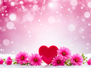 Pink Flowers and Red Heart on Snowy Background