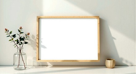 A beautifully minimalist shot of a wooden frame with a blank canvas inside, set against a neutral background. Ideal for art-related themes, creative projects, or interior design.