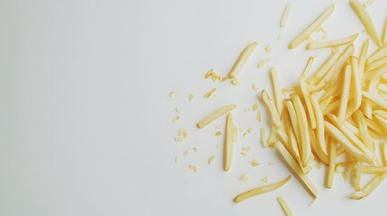 Obraz premium Golden French Fries Scattered on White Background