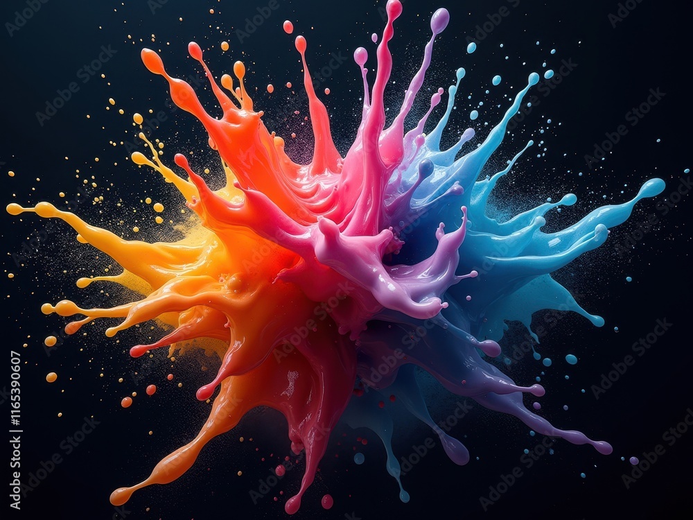 Poster colorful paint splashes create a vibrant explosion on a dark background during an artistic demonstra