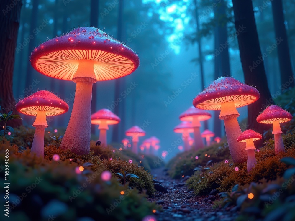 Aufkleber glowing mushrooms illuminate a mystical forest path at twilight, creating an enchanting atmosphere i