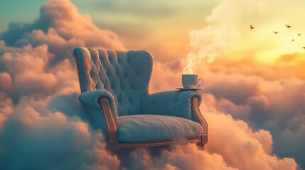 A cozy chair floating in clouds with a steaming cup of coffee at sunset, offering a dreamy and relaxing atmosphere.