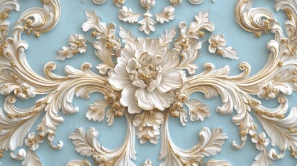 A wallpaper of a rococo blooms flowers dreamy intricate details pastel scheme blue gold tone fantasy fairytale aesthetic rococo luxurious style background,.