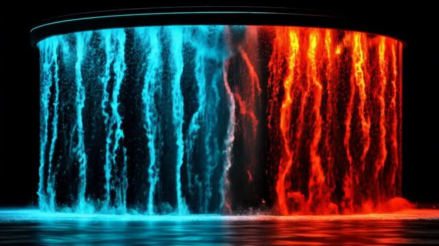 Dynamic Water Vortex Mesmerizing Flow of Blue and Red Neon Colors Creating Stunning Visual Contrast in Captivating Waterfall Display.