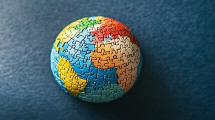 Colorful puzzle globe on a blue background.  Global connection concept.