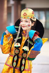Mongolian girl wearing traditional costume of Khalkha tribe