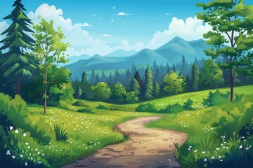 Winding Path Through Lush Green Forest with Blue Mountains in the Distance