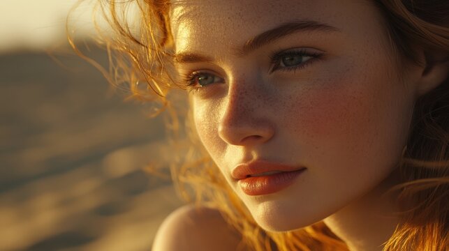 A close-up of a young woman with beautiful, flowing hair in warm sunlight by the beach, capturing a serene and thoughtful moment.
