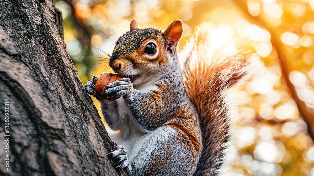 Poster a curious squirrel nibbling on a nut while sitting on the trunk of a tree in a sunlit forest