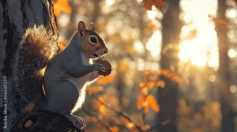 Poster a curious squirrel nibbling on a nut while sitting on the trunk of a tree in a sunlit forest