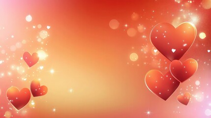 Cute lovely background with hearts and bokeh. Pastel pink gradation bg with dreamy stars and glitter. Romantic vector backdrop for Valentine Day design. Red and orange soft gradient wallpaper.
