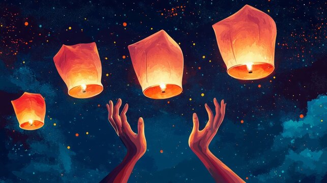 Person releases glowing lanterns into the night sky. A magical moment of hope and wonder.