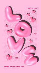 Happy Valentine's Day Banner with LOVE in 3D Inflated balloons Gradient Mesh, Pink Y2K glossy 3D bubble letter, for Web Banner Cover, Advertise, Template, Banner, Social Media, 90s