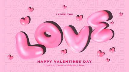 Happy Valentine's Day Banner with LOVE in 3D Inflated balloons Gradient Mesh, Pink Y2K glossy 3D bubble letter, for Web Banner Cover, Advertise, Template, Banner, Social Media, 90s