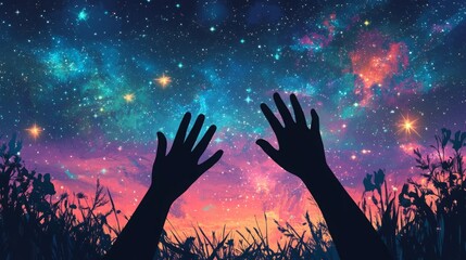 Reaching for the stars. A surreal image of a person's hands reaching towards a vibrant night sky.